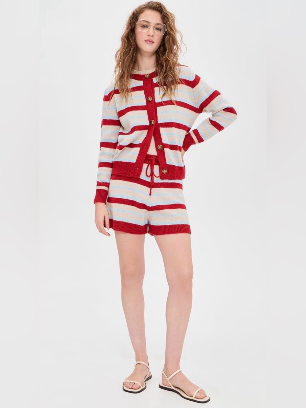 Little Lies Millie Knit Cardigan & Shorts in Blue/Red Stripe